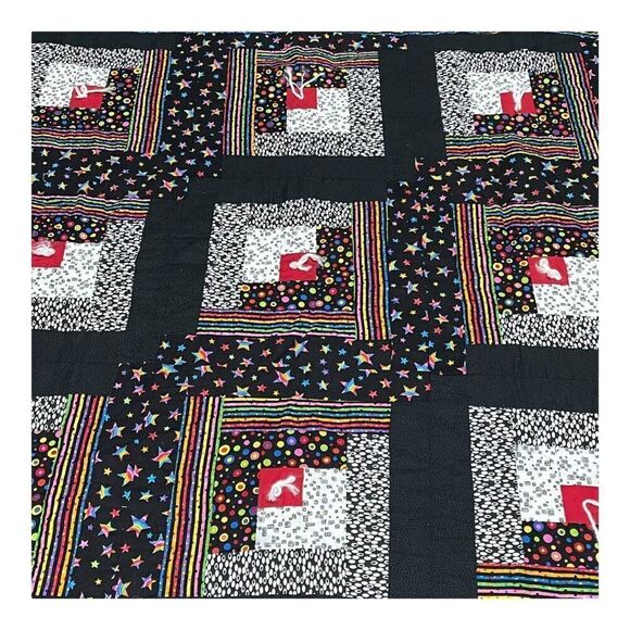 Small Square Quilt 43” Throw Blanket Handmade Stars Circles Geometric Black - Picture 3 of 5
